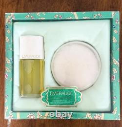 Vintage Coty Emeraude Fragrance Gift Set Cologne Spray 1.5oz Dusting Powder 4oz