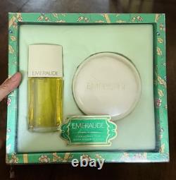 Vintage Coty Emeraude Fragrance Gift Set Cologne Spray 1.5oz Dusting Powder 4oz