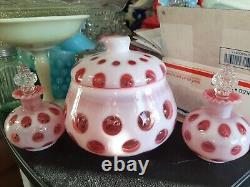 Vintage Fenton Cranberry Coin Dot Opalescent Perfume Vanity! STUNNING BEAUTY! A+